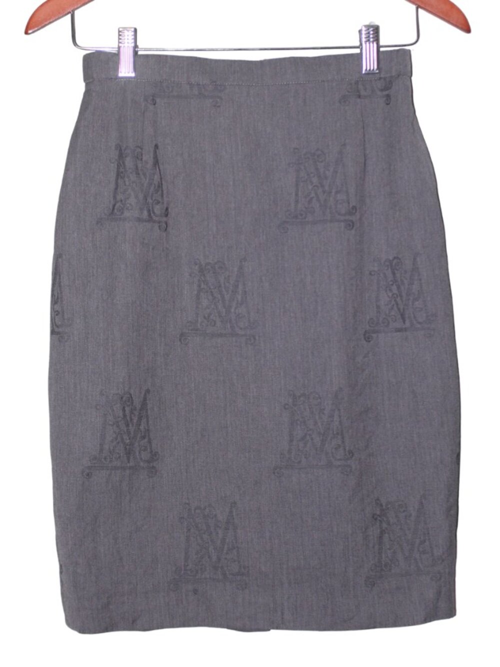 Escada Wool Pencil Skirt Gray Monogram Logo Embroidered Career Office 36